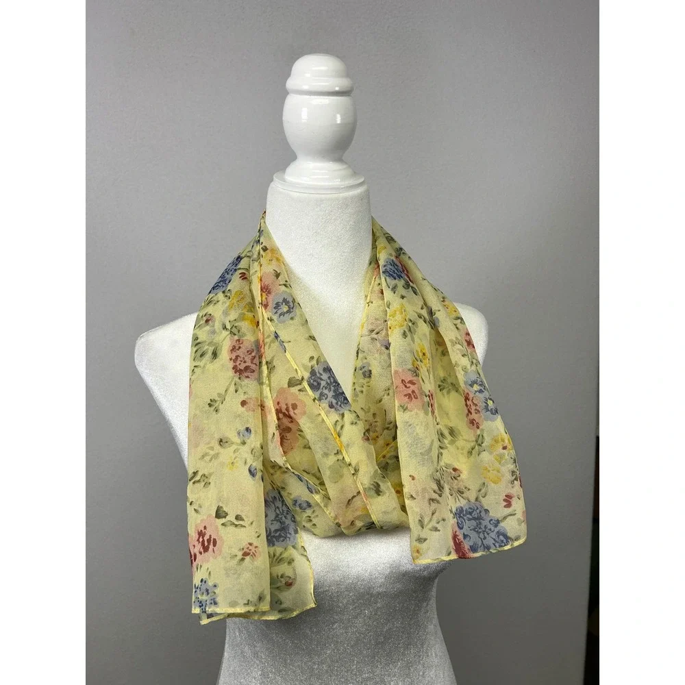 Cottagecore Fairy Women OS Yellow Floral Sheer Chiffon Lightweight‎ Scarf Wrap